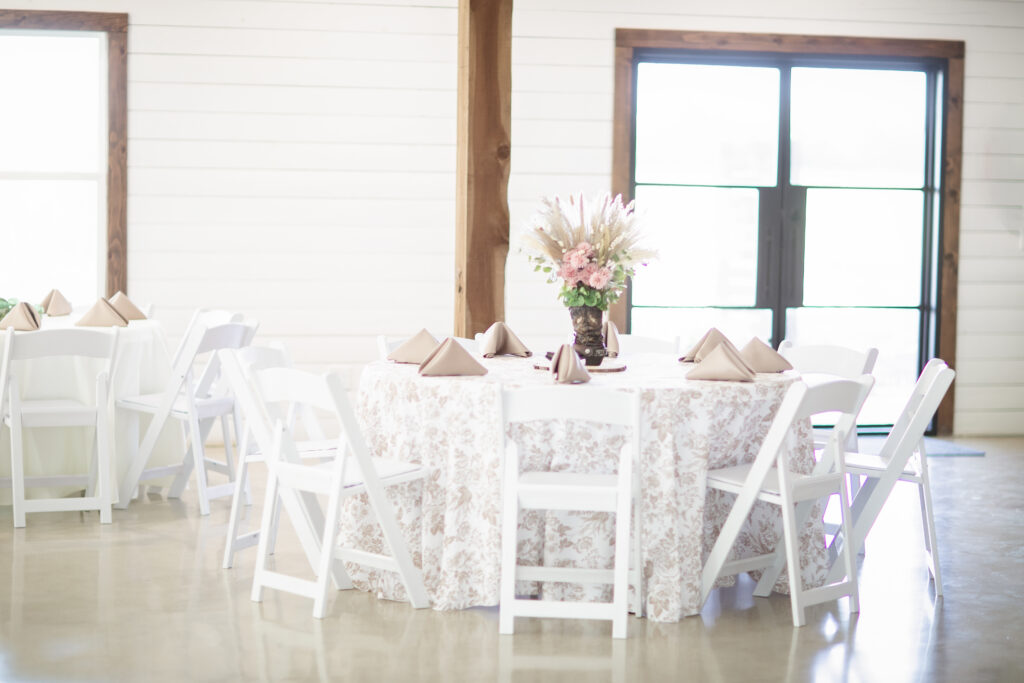 Wedding reception setup at The Fields Venue in Cibolo